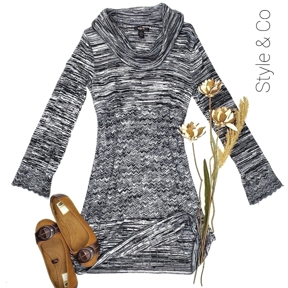 Style & Co. Grey Blk Stripe Cowl Neck Dress Small